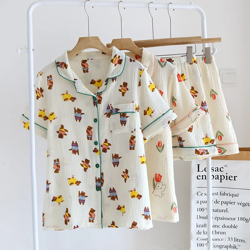 Wholesale & Retail Crepe Cotton Pajamas Short Sleeve Shorts Women's Summer Cardigan Small Lapel Double Gauze Cotton Homewear Set
Wholesale & Retail Crepe Cotton Pajamas Short Sleeve Shorts Women's Summer Cardigan Small Lapel Double Gauze Cotton Homewear Set