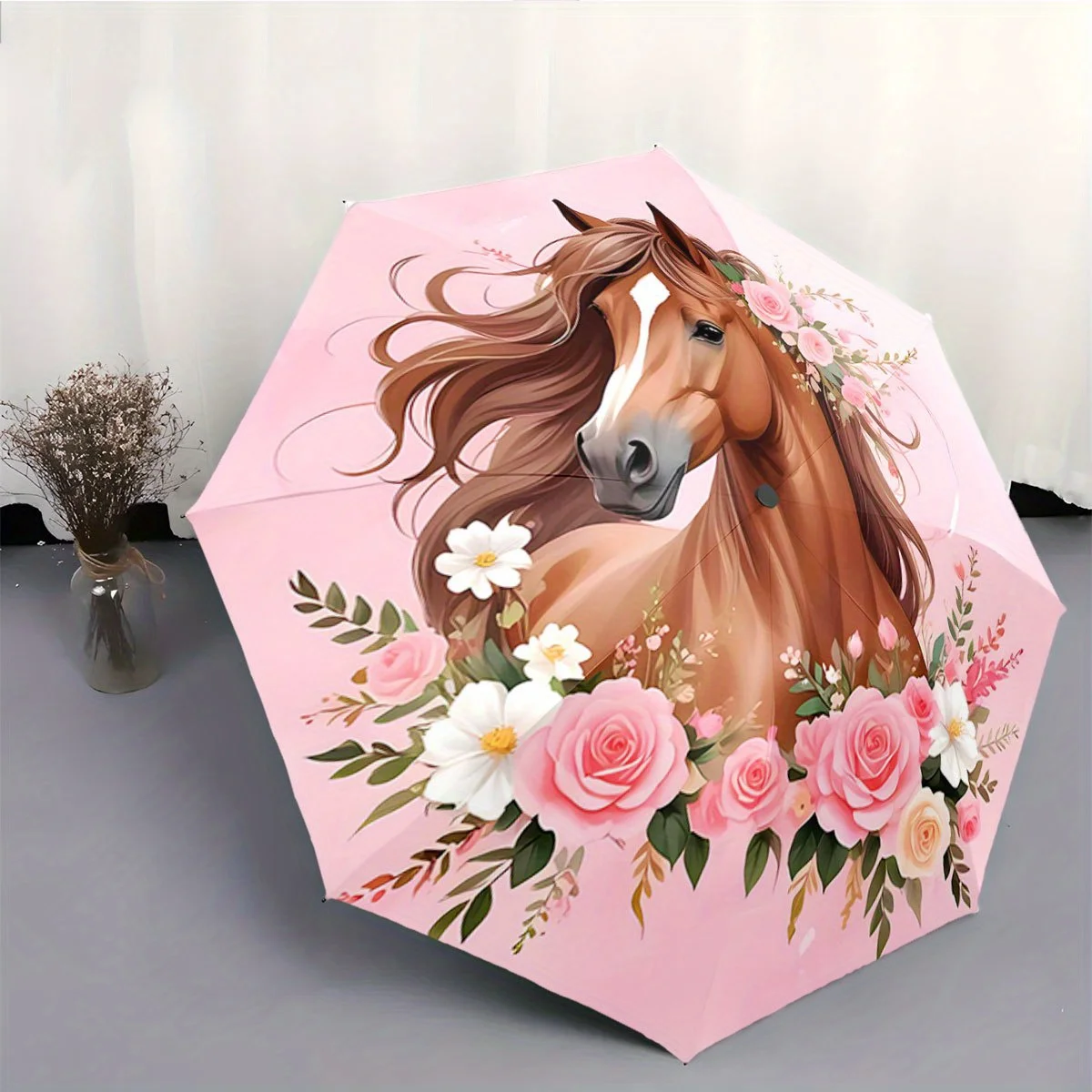 Automatic Folding Umbrella A horse surrounded by and white . Portable collapsible design, casual outdoor accessory, for all s
Automatic Folding Umbrella A horse surrounded by and white . Portable collapsible design, casual outdoor accessory, for all s