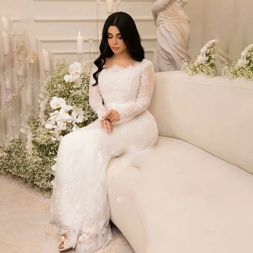 Modest Wedding Dresses Square Collar Long Sleeve Mermaid Bride Dress Garden Beach Lace Bridal Gown Customized robe de mariée 
Modest Wedding Dresses Square Collar Long Sleeve Mermaid Bride Dress Garden Beach Lace Bridal Gown Customized robe de mariée