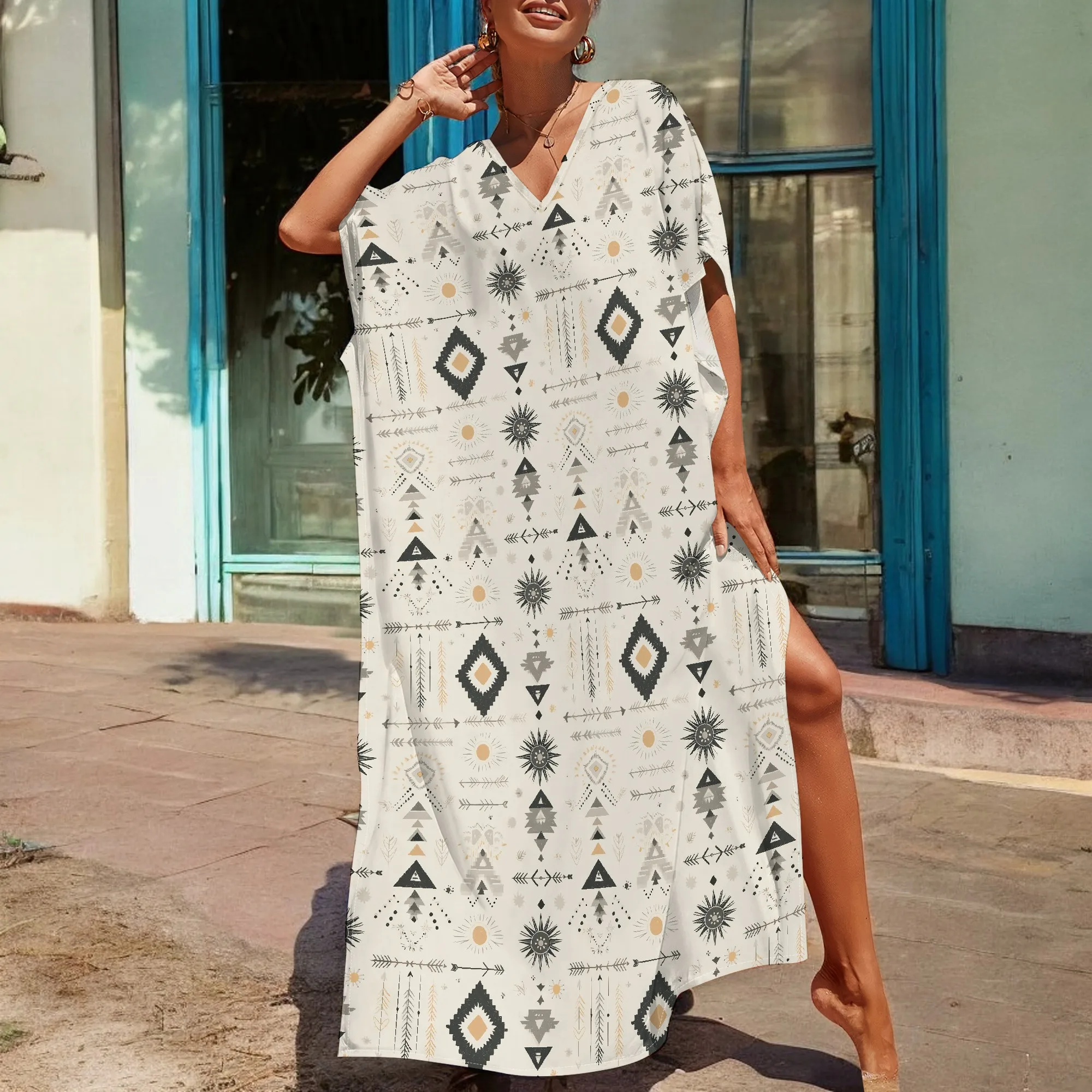 Afro Boho Tribal Kaftan Dress S-3XL Geometric Print Loose V-Neck Gown for Juneteenth or Cultural Festival Wear
Afro Boho Tribal Kaftan Dress S-3XL Geometric Print Loose V-Neck Gown for Juneteenth or Cultural Festival Wear