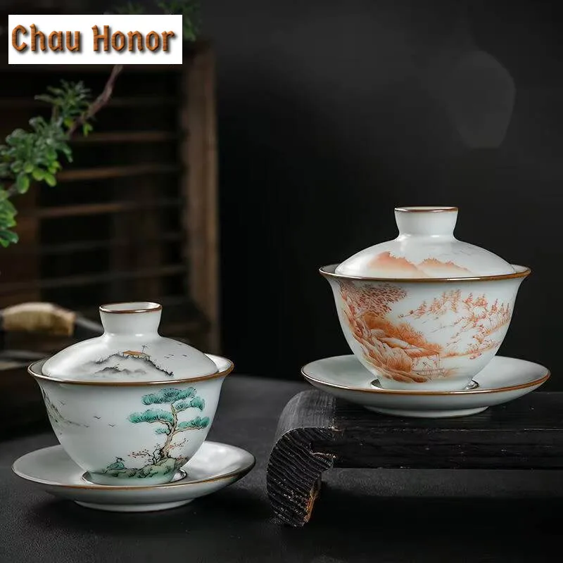 170ml Ancient Hand-painted Landscape Gaiwan Handmade Ru Kiln Porcelain Bowls Tea Tureen Tea Maker Cover Bowl Teaset Decoration
170ml Ancient Hand-painted Landscape Gaiwan Handmade Ru Kiln Porcelain Bowls Tea Tureen Tea Maker Cover Bowl Teaset Decoration