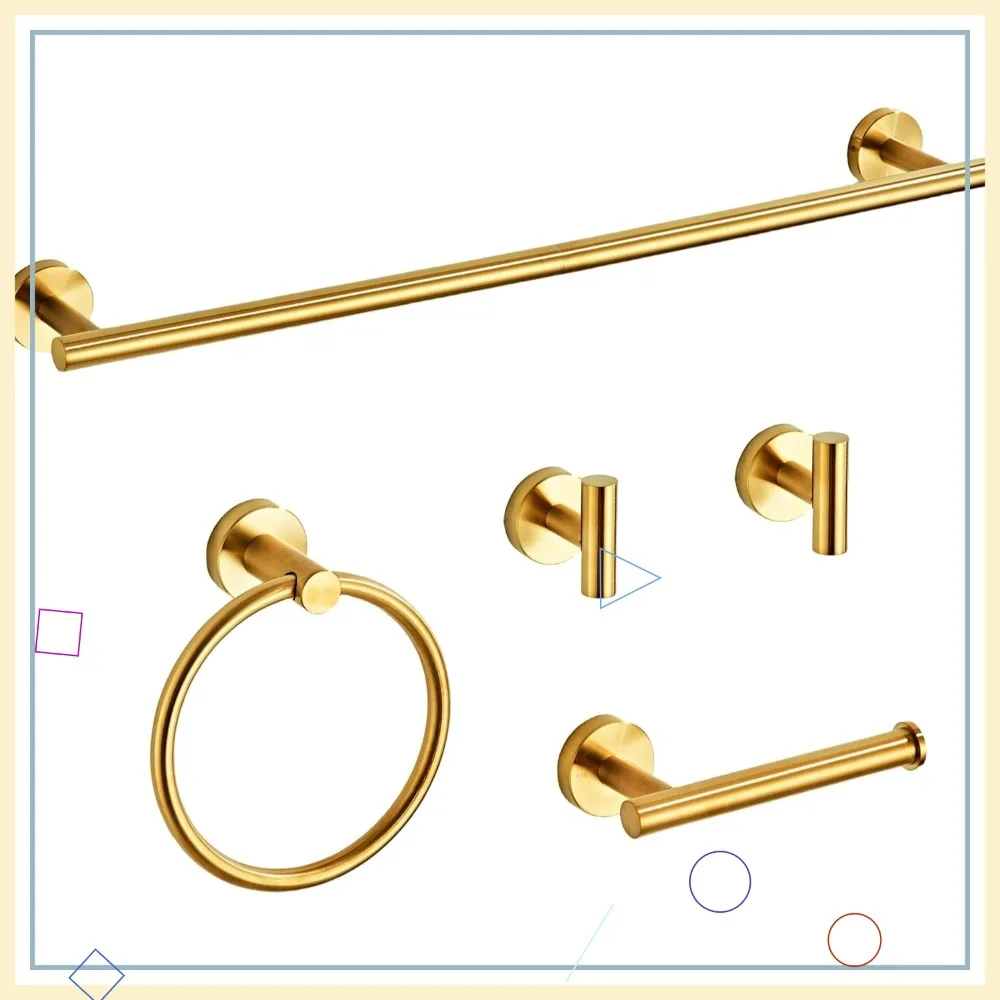 Набор аксессуаров для ванной комнаты из матового золота, 5 предметов: держатели для полотенец из нержавеющей стали SUS304, 24-дюймовый настенный комплект.
Набор аксессуаров для ванной комнаты из матового золота, 5 предметов: держатели для полотенец из нержавеющей стали SUS304, 24-дюймовый настенный комплект.