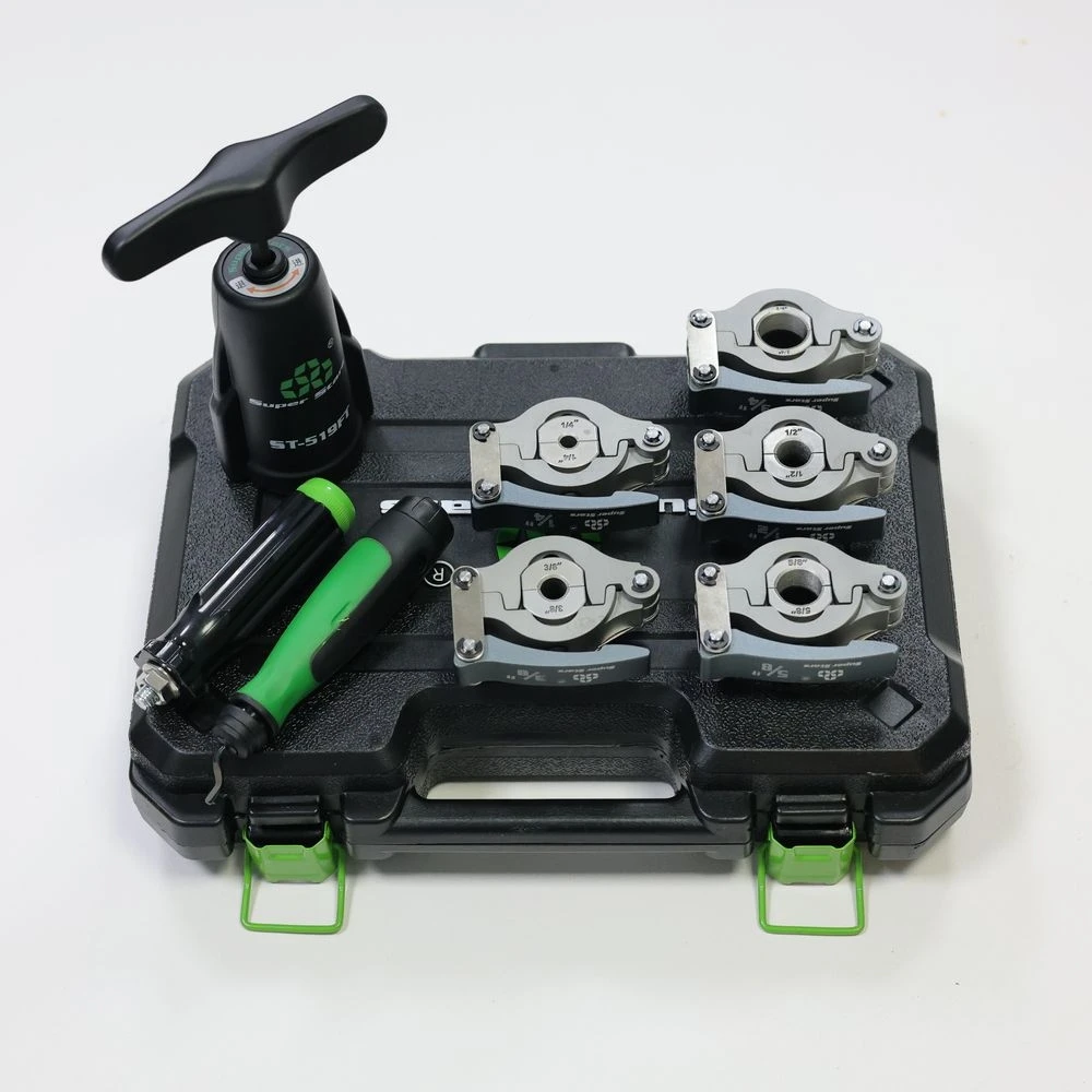 Профессиональный набор инструментов для развальцовки труб ST-519FT — ручные и электрические режимы для труб от 1/4 до 19 мм
Профессиональный набор инструментов для развальцовки труб ST-519FT — ручные и электрические режимы для труб от 1/4 до 19 мм