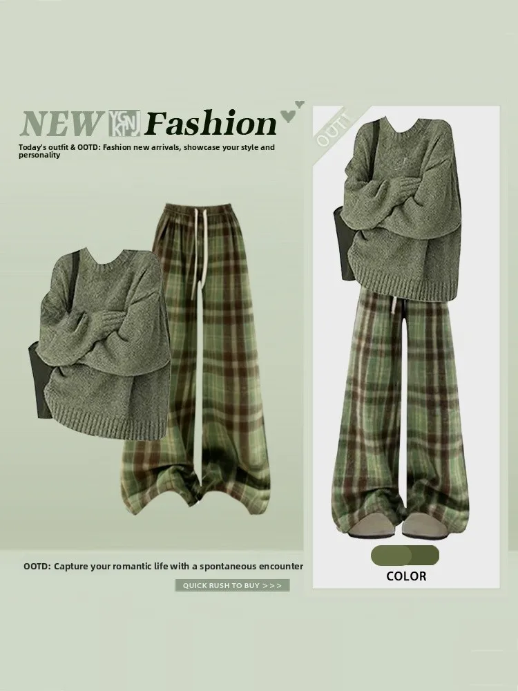 Winter Casual Loose Knitted Sweater And Plaid Wide Leg Pants Two Piece Set Women's Fashion High Waist Trousers round Neck Top
Winter Casual Loose Knitted Sweater And Plaid Wide Leg Pants Two Piece Set Women's Fashion High Waist Trousers round Neck Top