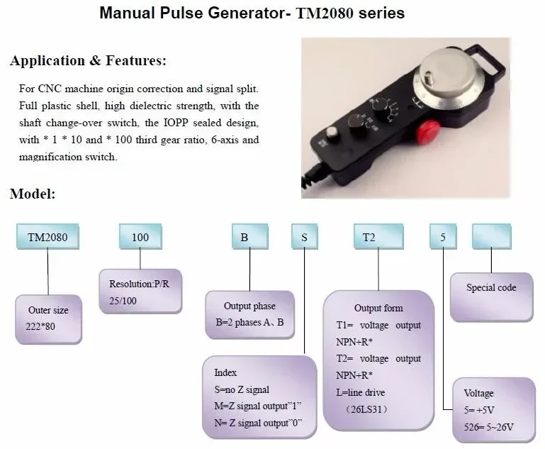 TM2080-100BSL5/CALT 6 Axis Magnificaion Switch Handwheel Encoder MPG Manual Pulse Generator For Control
TM2080-100BSL5/CALT 6 Axis Magnificaion Switch Handwheel Encoder MPG Manual Pulse Generator For Control