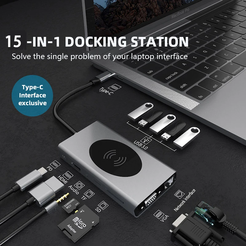 15 In 1 Type C USB C HUB 3.0 Wireless Charger RJ45 Splitter HDMI VGA Docking Station For MacBook Pro Laptop PC Accessories
15 In 1 Type C USB C HUB 3.0 Wireless Charger RJ45 Splitter HDMI VGA Docking Station For MacBook Pro Laptop PC Accessories