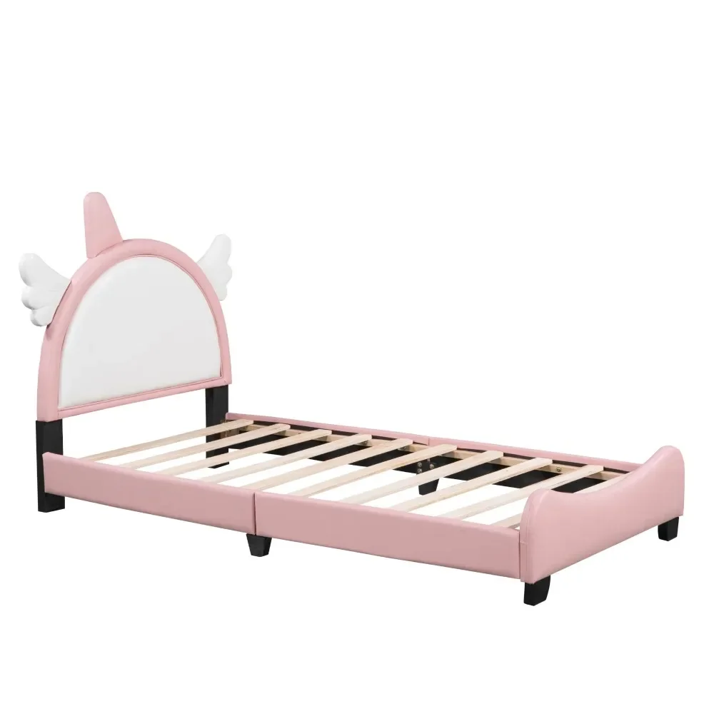 Modern Twin Upholstered Platform Bed Polyurethane Frame with Unicorn Headboard, Pink Unicorn/White
Modern Twin Upholstered Platform Bed Polyurethane Frame with Unicorn Headboard, Pink Unicorn/White