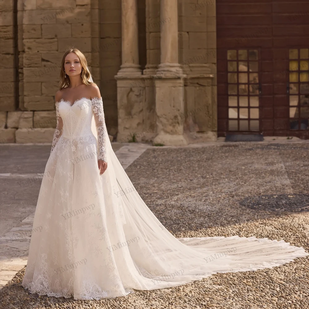 Lace A-Line Wedding Dresses Sweetheart Full Sleeve Off Shoulder vestido de novia boda Button Back Sweep Train Bride Gowns 2026
Lace A-Line Wedding Dresses Sweetheart Full Sleeve Off Shoulder vestido de novia boda Button Back Sweep Train Bride Gowns 2026