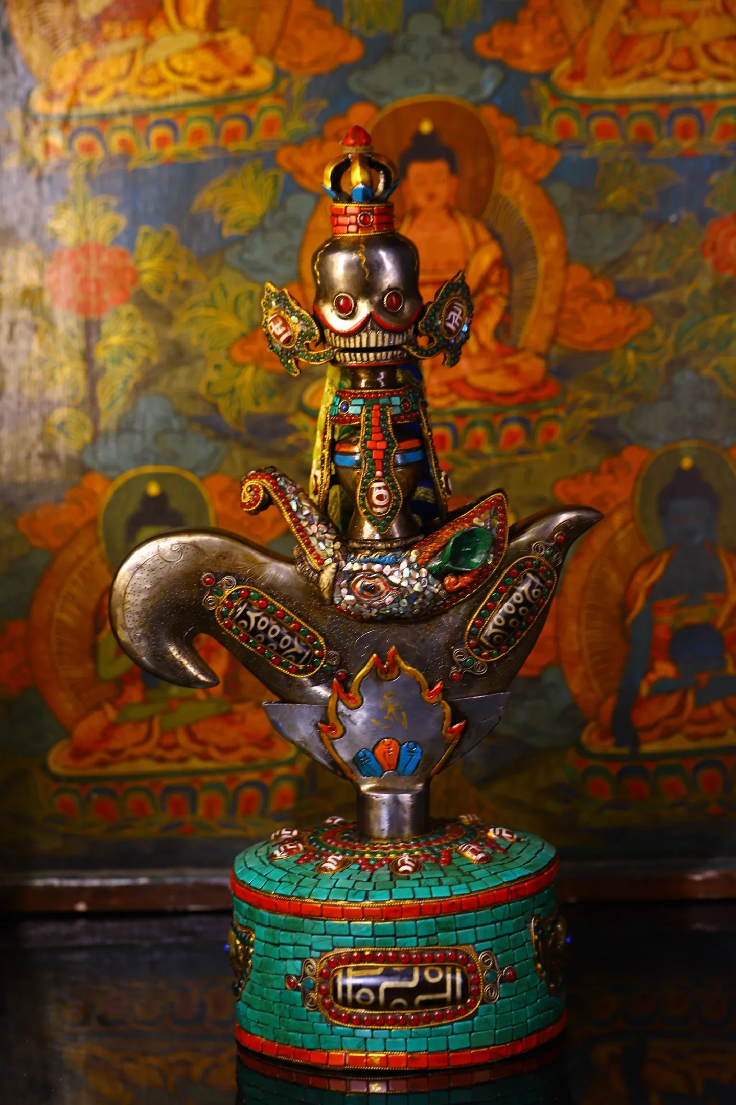 16"Tibetan Temple Collection Old Tiantie Mosaic Gem Shell gZi Beads Turquoise Skull Buddha Vajra Phurpa Vajra Tomahawk Amulet
16"Tibetan Temple Collection Old Tiantie Mosaic Gem Shell gZi Beads Turquoise Skull Buddha Vajra Phurpa Vajra Tomahawk Amulet