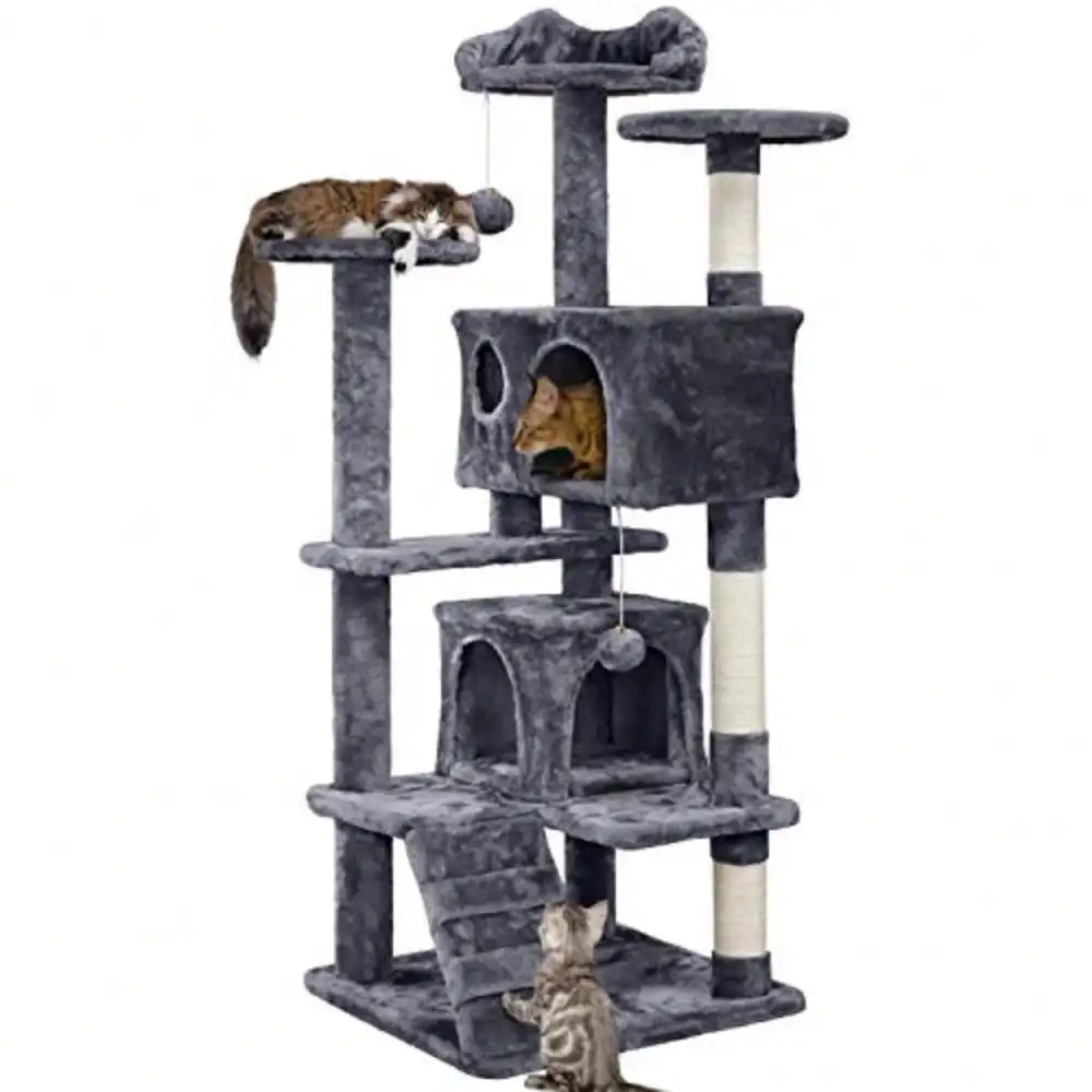 54in Cat Tree Multi-Level Cat Tower With Spacious Kitten-Ear Perch 2 Cozy Caves Scratching Posts Climbing Ladder 2 Plush Balls D
54in Cat Tree Multi-Level Cat Tower With Spacious Kitten-Ear Perch 2 Cozy Caves Scratching Posts Climbing Ladder 2 Plush Balls D