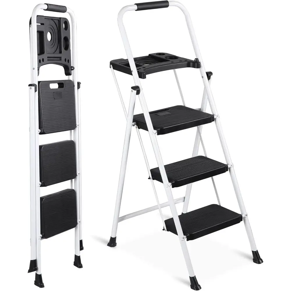 Heavy-Duty White 3-Step Ladder with Tool Tray, Wide Anti-Slip Pedals and Handgrip, Supports 330 lbs
Heavy-Duty White 3-Step Ladder with Tool Tray, Wide Anti-Slip Pedals and Handgrip, Supports 330 lbs