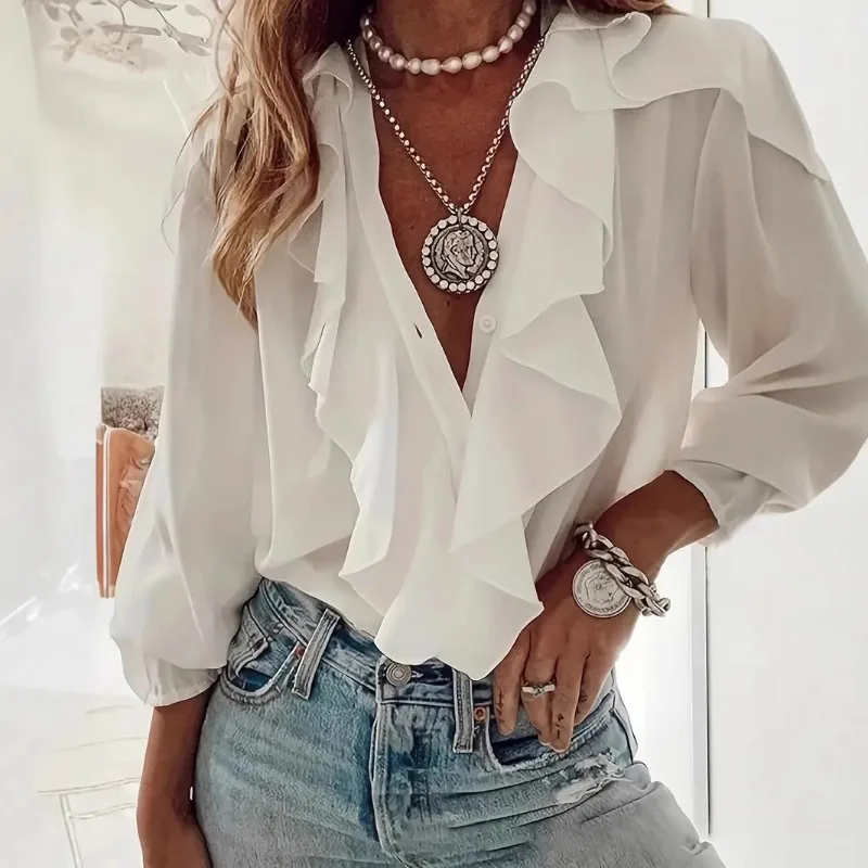 Summer Ruffles Elegant Vintage Women Blouses Solid Long Sleeve Deep V Neck Shirts Japanese Korea Design Loose Preppy Shirt Y2k
Summer Ruffles Elegant Vintage Women Blouses Solid Long Sleeve Deep V Neck Shirts Japanese Korea Design Loose Preppy Shirt Y2k