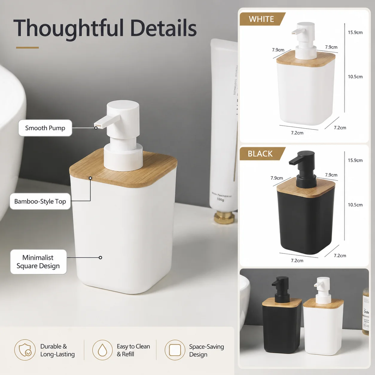 QA Minimalist Square Soap Dispenser with Bamboo-Style Top, Refillable Lotion Pump Bottle for Bathroom Kitchen Sink Countertop
QA Minimalist Square Soap Dispenser with Bamboo-Style Top, Refillable Lotion Pump Bottle for Bathroom Kitchen Sink Countertop