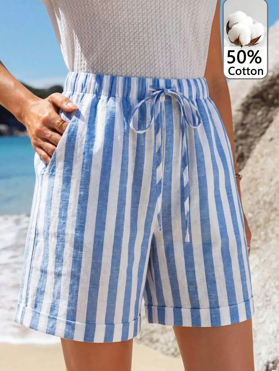 Elastic Waist Drawstring Striped Cotton Shorts Women Casual Beach Summer Shorts
Elastic Waist Drawstring Striped Cotton Shorts Women Casual Beach Summer Shorts
