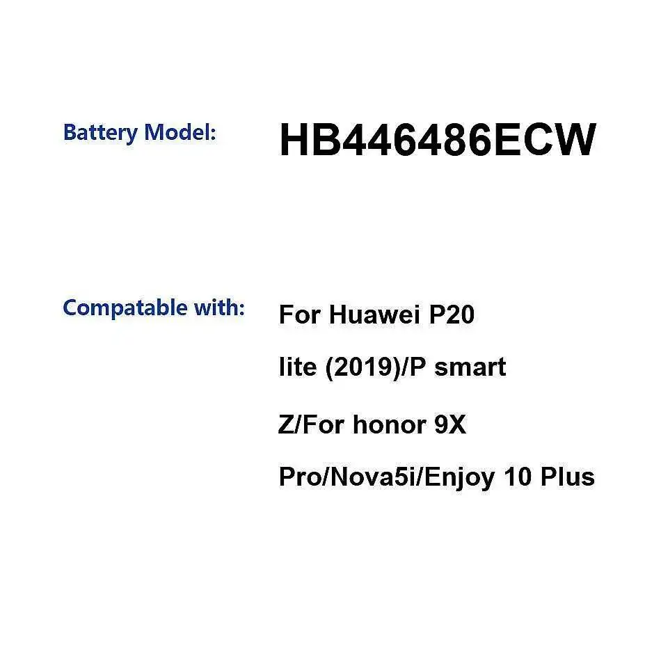 Стабильный аккумулятор для мобильного телефона Huawei P20 Lite 2019 P Smart Z Honor 9X Pro Nova5i Enjoy 10 Plus 4000 мАч HB446486ECW
Стабильный аккумулятор для мобильного телефона Huawei P20 Lite 2019 P Smart Z Honor 9X Pro Nova5i Enjoy 10 Plus 4000 мАч HB446486ECW