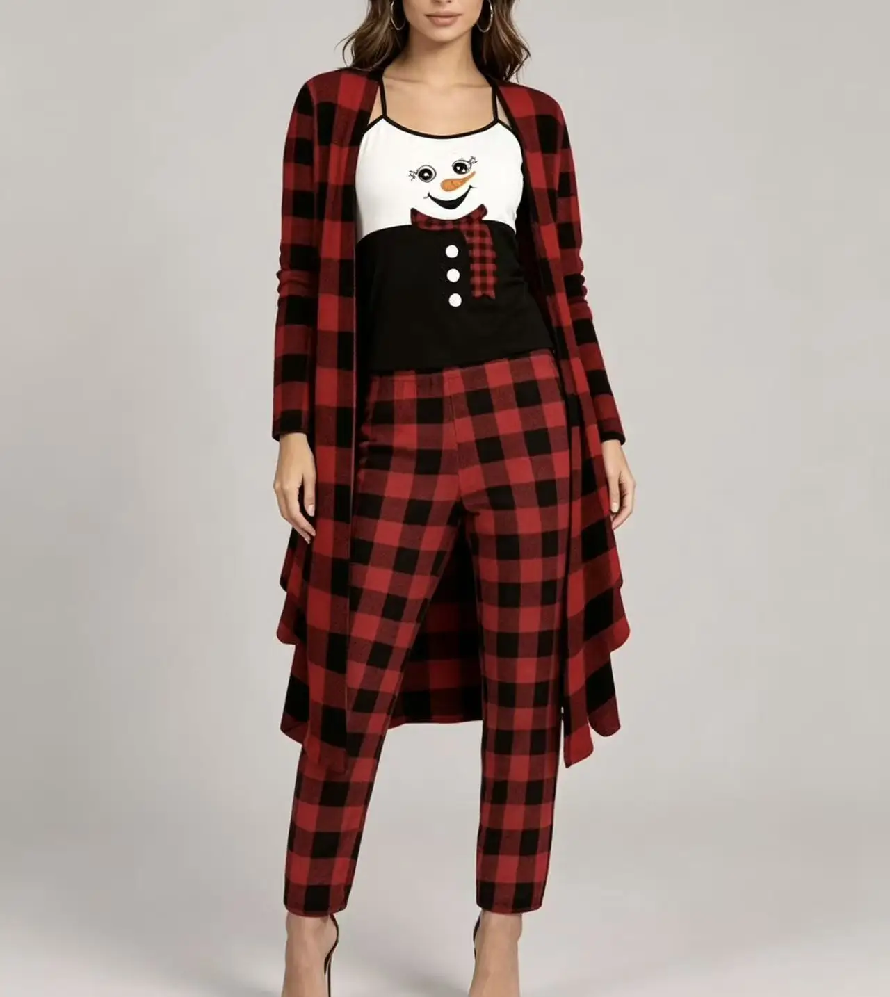 Plus size Christmas snowman print camisole three-piece set Red and black plaid cardigan inner top pants casual set
Plus size Christmas snowman print camisole three-piece set Red and black plaid cardigan inner top pants casual set