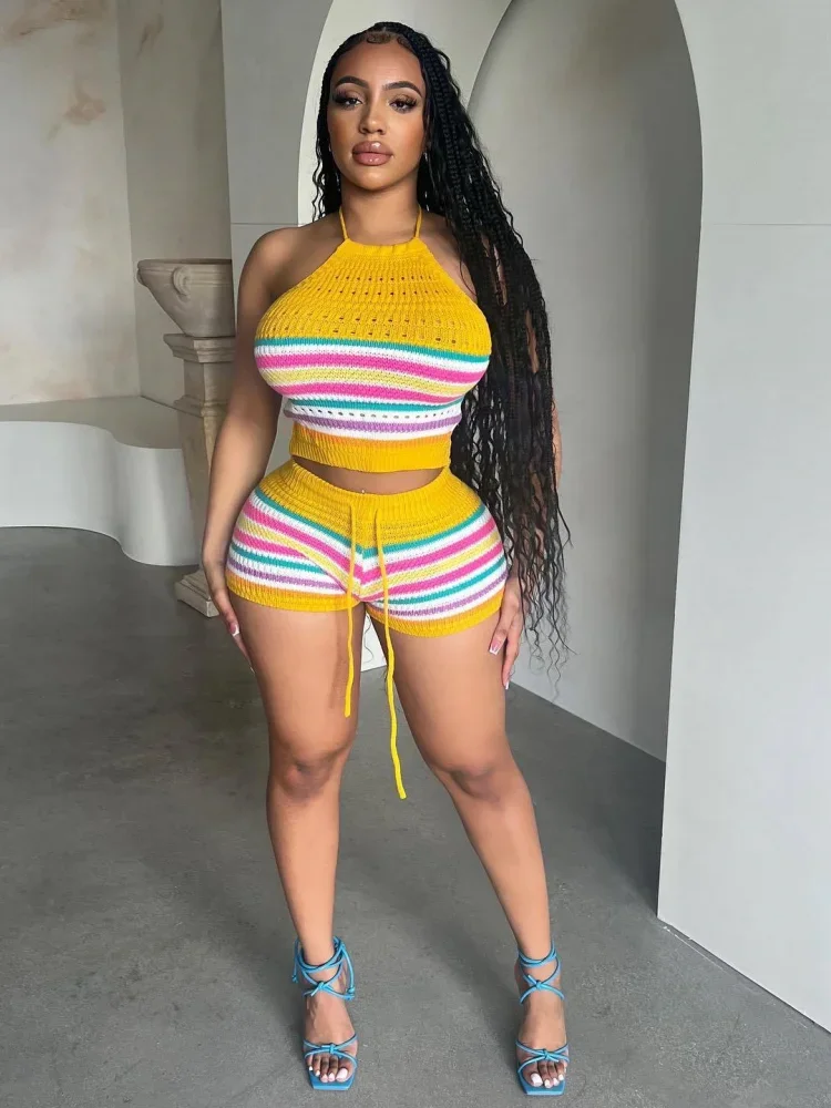 Summer Women's New Sweater Fashion Backless Hanging Neck Top Package Hip Leggings Shorts Set
Summer Women's New Sweater Fashion Backless Hanging Neck Top Package Hip Leggings Shorts Set