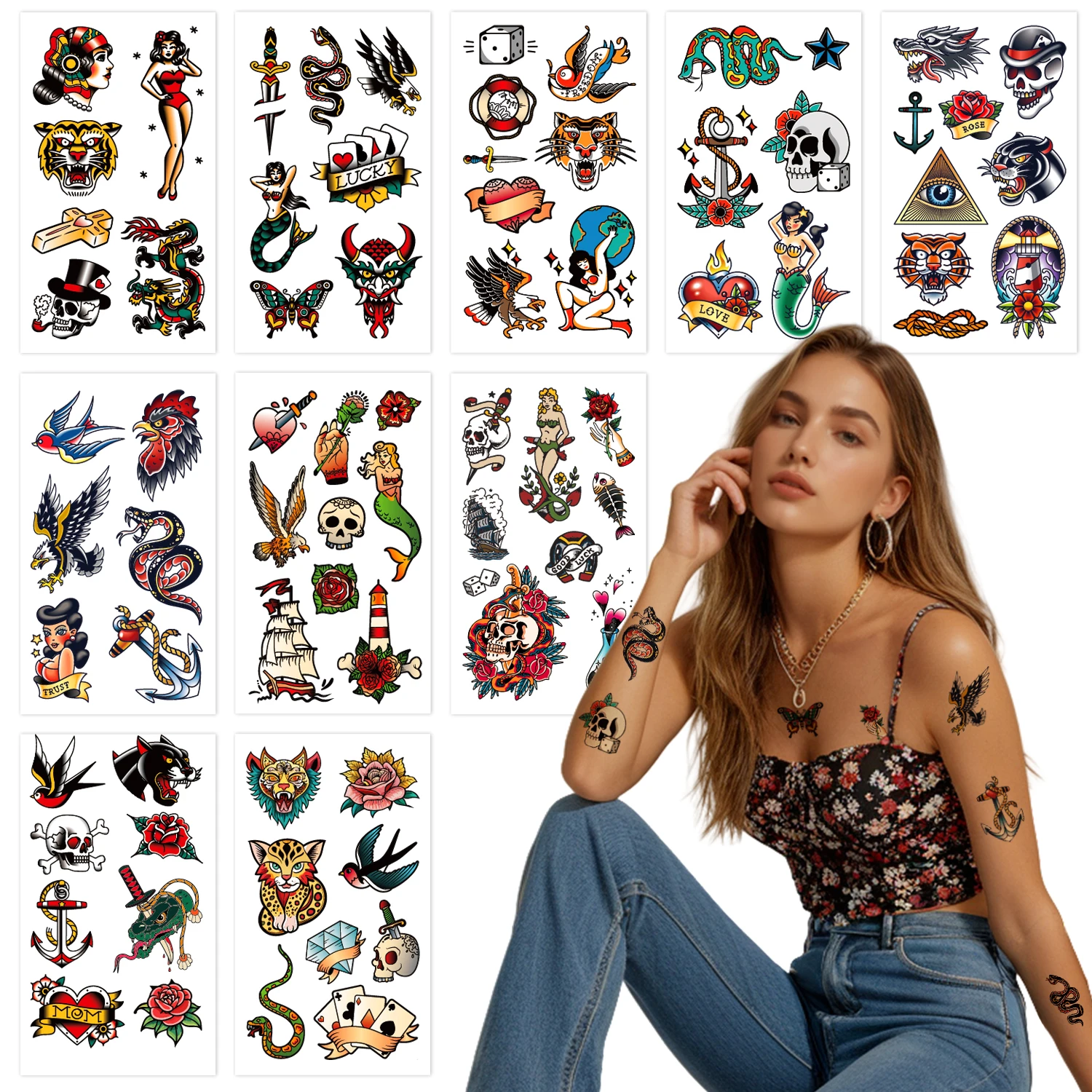 Retro Temporary Tattoos Classic Old School Colorful Tattoos Stickers Flowers Snake Body Art
Retro Temporary Tattoos Classic Old School Colorful Tattoos Stickers Flowers Snake Body Art