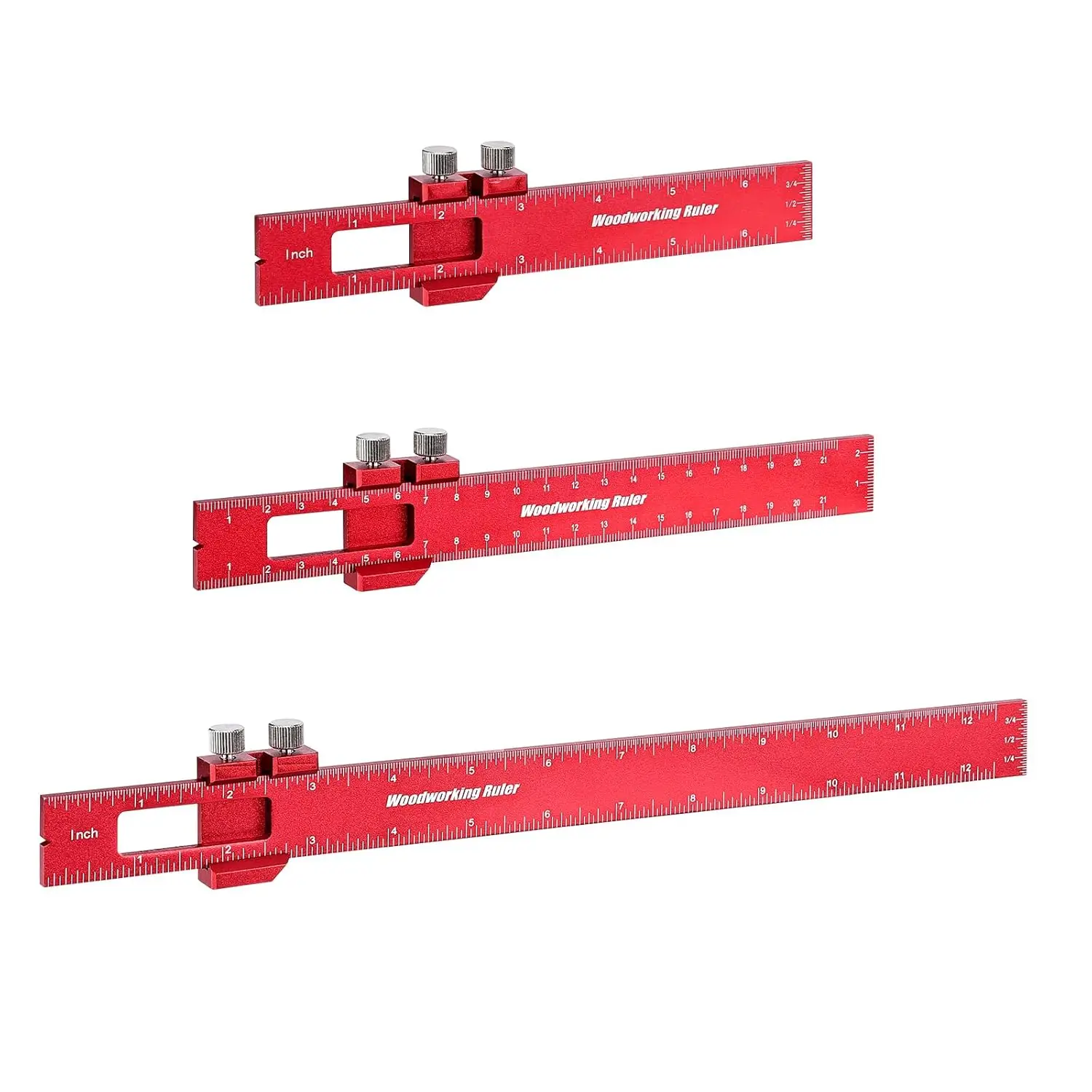 3-Piece Woodworking Ruler Set, Precision Pocket Rulers with Slide Stop, Aluminum Alloy Measuring Tools for Marking, Inch & Metric (6", 8", 12")