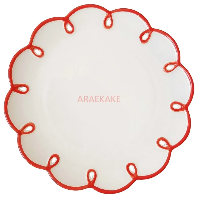 Simple red border relief hollowed out French retro ceramic handmade plate, cute cake plate
Simple red border relief hollowed out French retro ceramic handmade plate, cute cake plate