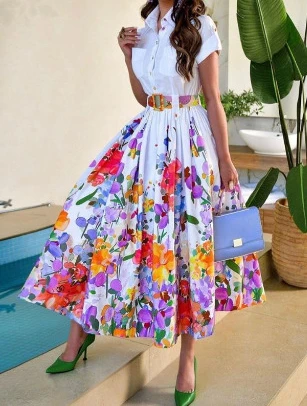 Elegant Dress for Women Streetwear Shirt Collar Printed Short Sleeved Button Up Dresses with Belt 2024 Spring and Summer New
Elegant Dress for Women Streetwear Shirt Collar Printed Short Sleeved Button Up Dresses with Belt 2024 Spring and Summer New