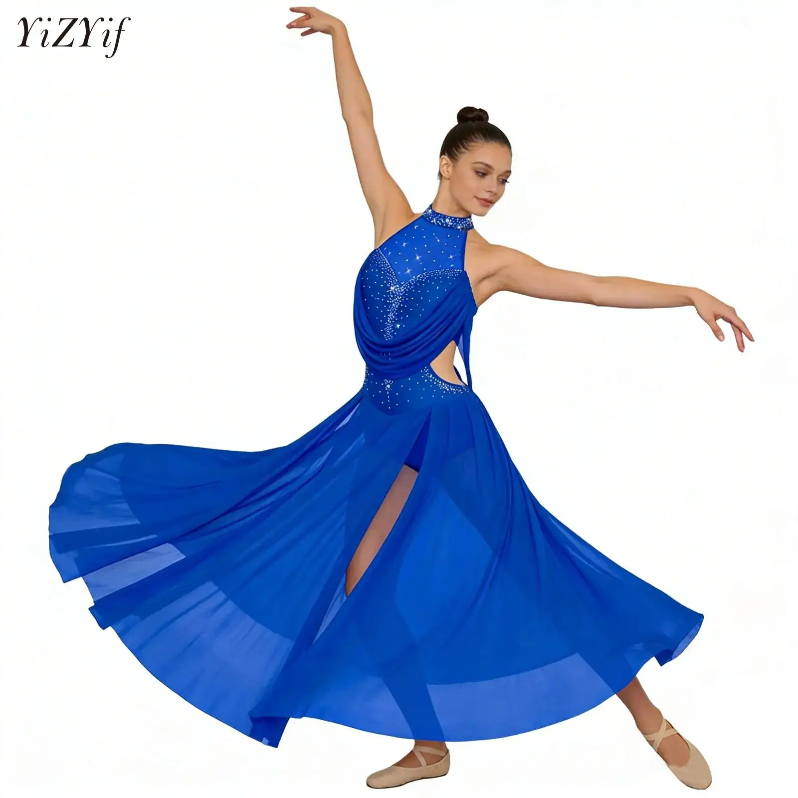 Women Modern Lyrical Dance Competition Costume Halter Sleeveless Shiny Rhinestones Split Chiffon Dress Ballet Latin Dancewear
Women Modern Lyrical Dance Competition Costume Halter Sleeveless Shiny Rhinestones Split Chiffon Dress Ballet Latin Dancewear