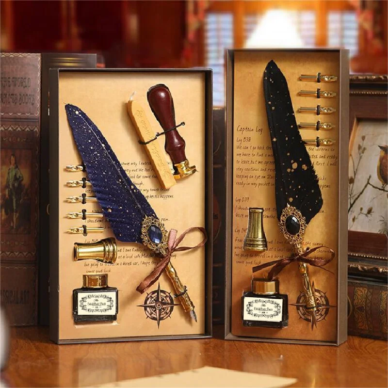 Vintage Magic Gem Feather Quill Dip Pen Wax Seal Stamp Gift Set European Calligraphy With Ink Extra Nibs For Birthday Men Women
Vintage Magic Gem Feather Quill Dip Pen Wax Seal Stamp Gift Set European Calligraphy With Ink Extra Nibs For Birthday Men Women