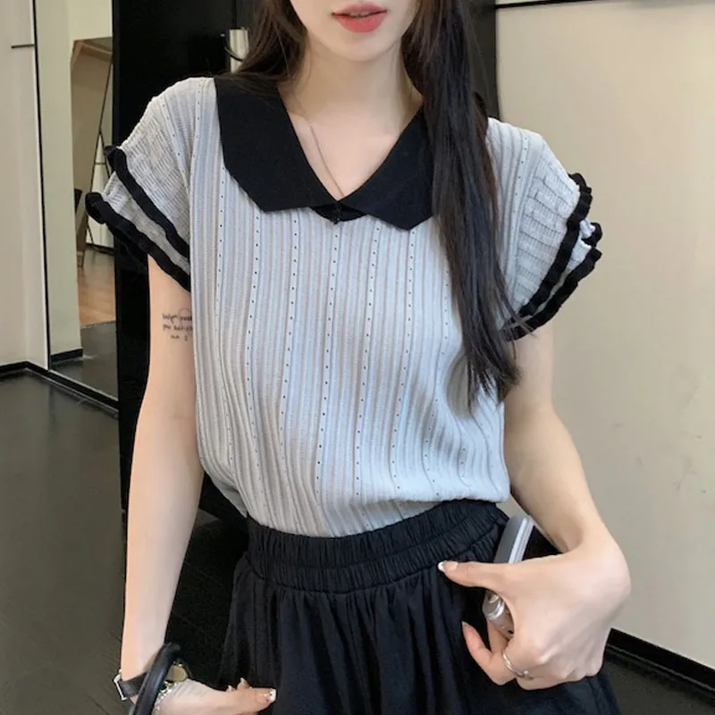 New Patchwork Knitted Sweater Women Pullovers Knitwears Short Sleeve Doll Collar Knit Sweater Pullover Women Tops Sweaters Q2639
New Patchwork Knitted Sweater Women Pullovers Knitwears Short Sleeve Doll Collar Knit Sweater Pullover Women Tops Sweaters Q2639
