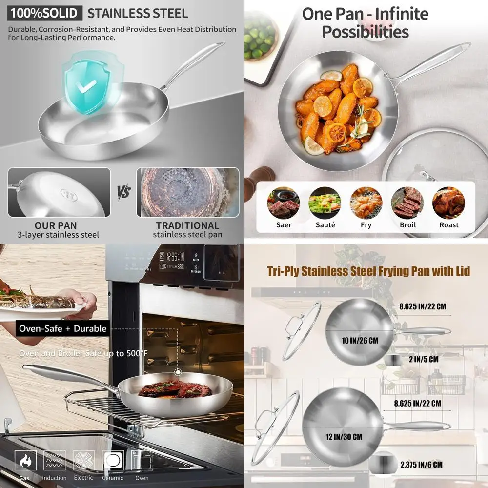 10-12 Inch Tri-Ply Stainless Steel Frying Pan Set, Lids Included, Skillets, Induction-Ready Cookware, Dishwasher and Oven Safe,
10-12 Inch Tri-Ply Stainless Steel Frying Pan Set, Lids Included, Skillets, Induction-Ready Cookware, Dishwasher and Oven Safe,