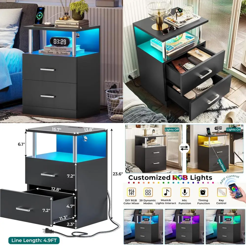 contemporary 2-drawer nightstand with charging station and usb ports, led-illuminated side table
contemporary 2-drawer nightstand with charging station and usb ports, led-illuminated side table