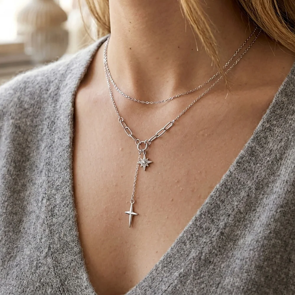 Stainless Steel Silver Fairy Six Point Star Pendant Necklace Clavicle Chain Shiny Zircon Tassel Cross Sweet Clavicle Jewelry
Stainless Steel Silver Fairy Six Point Star Pendant Necklace Clavicle Chain Shiny Zircon Tassel Cross Sweet Clavicle Jewelry