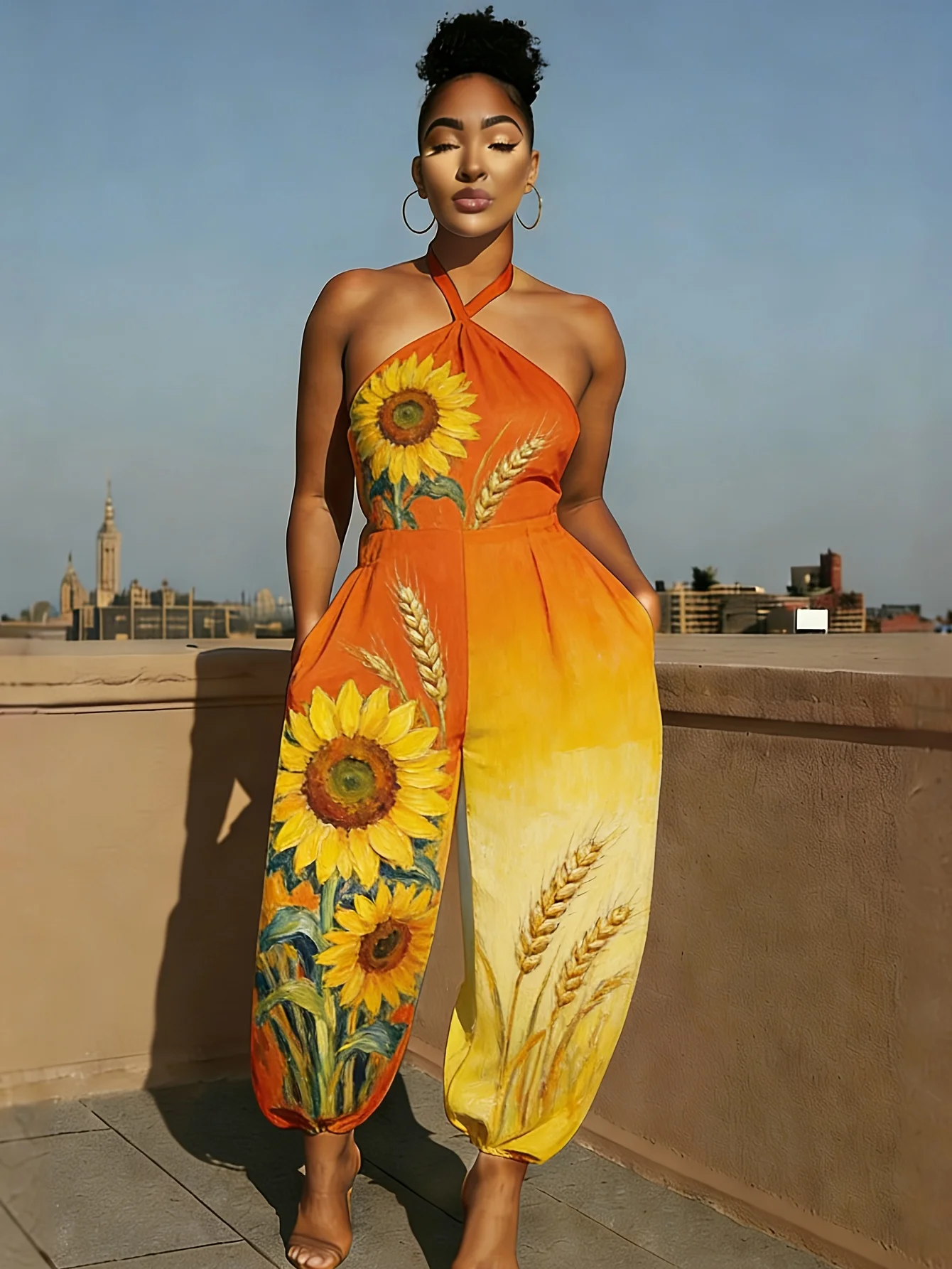 Vintage Oil Painting Sunflower Gradient Halter Jumpsuit Sleeveless High Waist Harem Pants Boho Beach Vacation Outfit
Vintage Oil Painting Sunflower Gradient Halter Jumpsuit Sleeveless High Waist Harem Pants Boho Beach Vacation Outfit