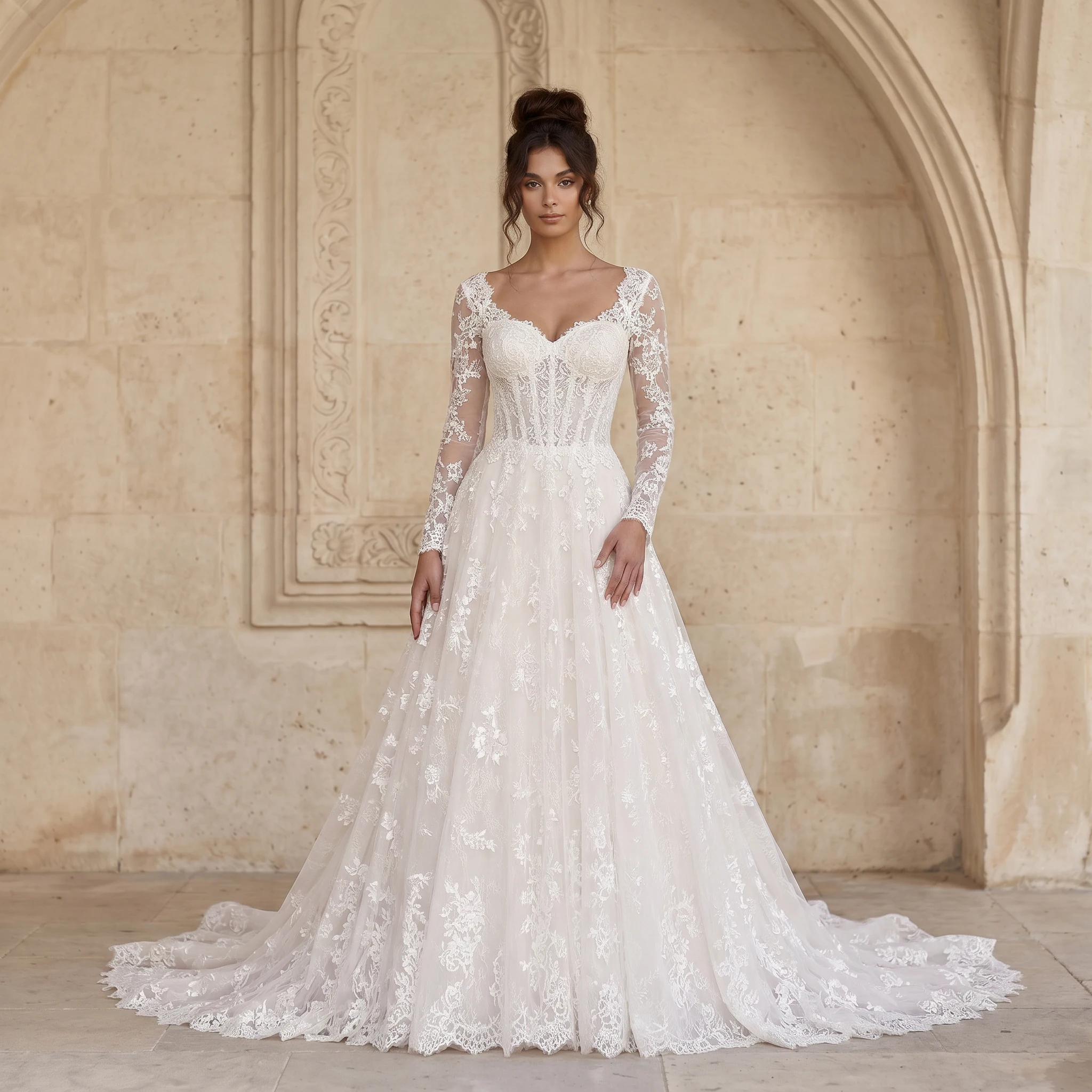 Long Sleeve Sweetheart A Line Lace Wedding Dress Corset Bodice Pearl Button Back Lace Hem Chapel Train Bridal Gown
Long Sleeve Sweetheart A Line Lace Wedding Dress Corset Bodice Pearl Button Back Lace Hem Chapel Train Bridal Gown