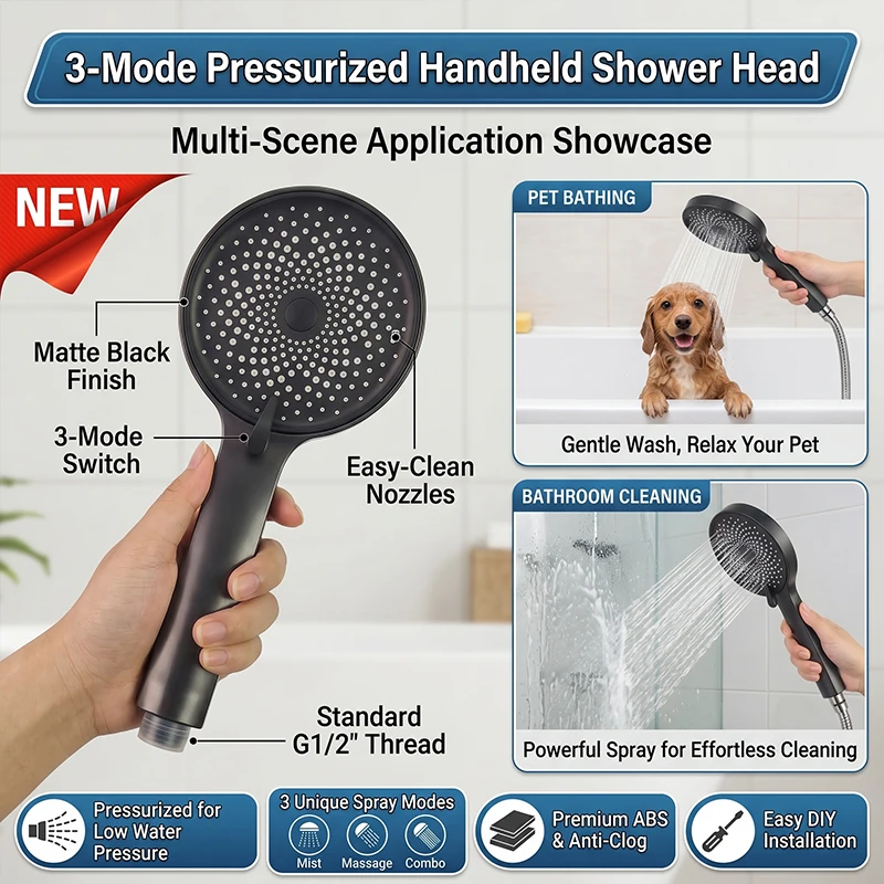 High Pressure Large Flow Handheld Shower Head 3 Mode Adjustable Turbo Pulsed SPA Rain Shower Bathroom Accessories and Home Use
High Pressure Large Flow Handheld Shower Head 3 Mode Adjustable Turbo Pulsed SPA Rain Shower Bathroom Accessories and Home Use
