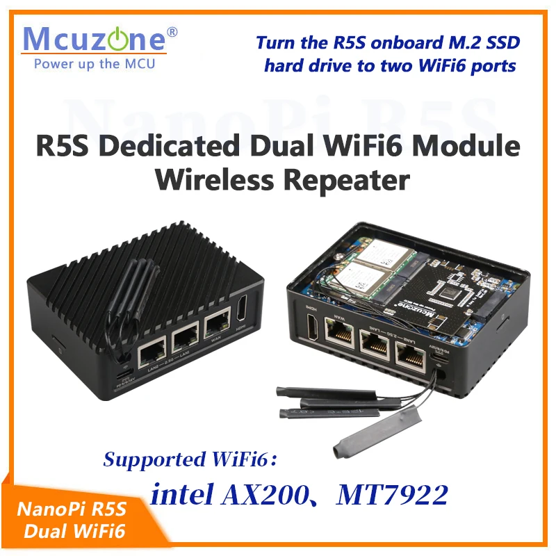 Беспроводной ретранслятор WiFi6 для NanoPi R5S,R6C, выделенный NVME для двух WiFi6 модулей, MT7922 AX200 RTL8822CE, openwrt , Ubuntu
Беспроводной ретранслятор WiFi6 для NanoPi R5S,R6C, выделенный NVME для двух WiFi6 модулей, MT7922 AX200 RTL8822CE, openwrt , Ubuntu