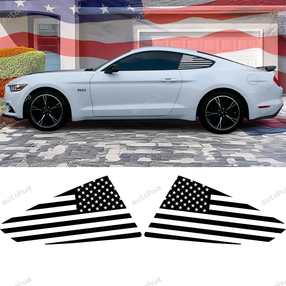 Наклейки на задние боковые окна с изображением американского флага для Ford Mustang 2015-2023, матовый черный цвет, 2 шт.
Наклейки на задние боковые окна с изображением американского флага для Ford Mustang 2015-2023, матовый черный цвет, 2 шт.