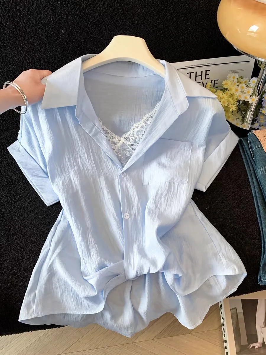 Lace Patchwork Short Sleeve Women's Shirt Summer New Korean Style Versatile Design Sensation Small Audience Trendy Top
Lace Patchwork Short Sleeve Women's Shirt Summer New Korean Style Versatile Design Sensation Small Audience Trendy Top