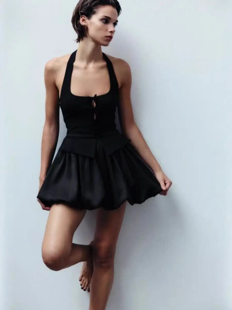 YY0354 ZA25 summer new women's suit vest style hanging neck round neck short fluffy dress for women 1014806
YY0354 ZA25 summer new women's suit vest style hanging neck round neck short fluffy dress for women 1014806