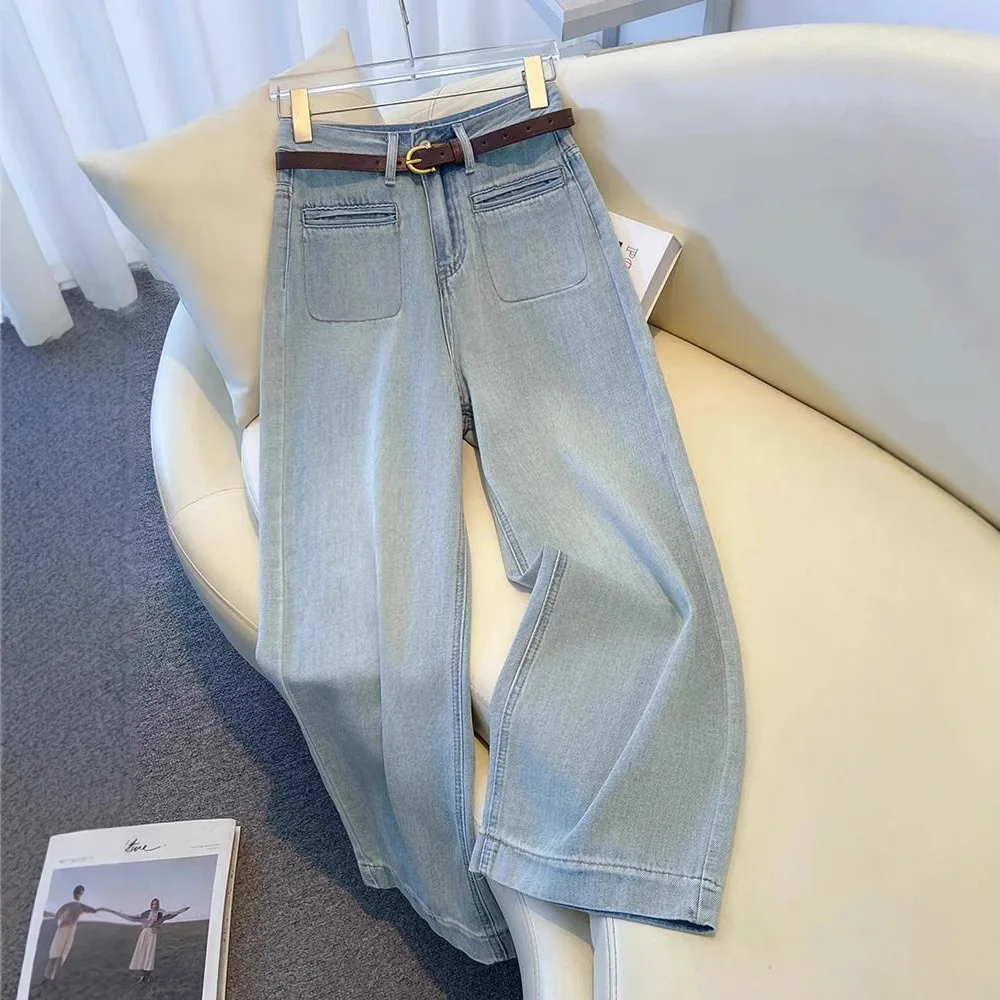 High Waist Wide Leg Jeans Women Light Blue Straight Denim Pants with Pockets
High Waist Wide Leg Jeans Women Light Blue Straight Denim Pants with Pockets