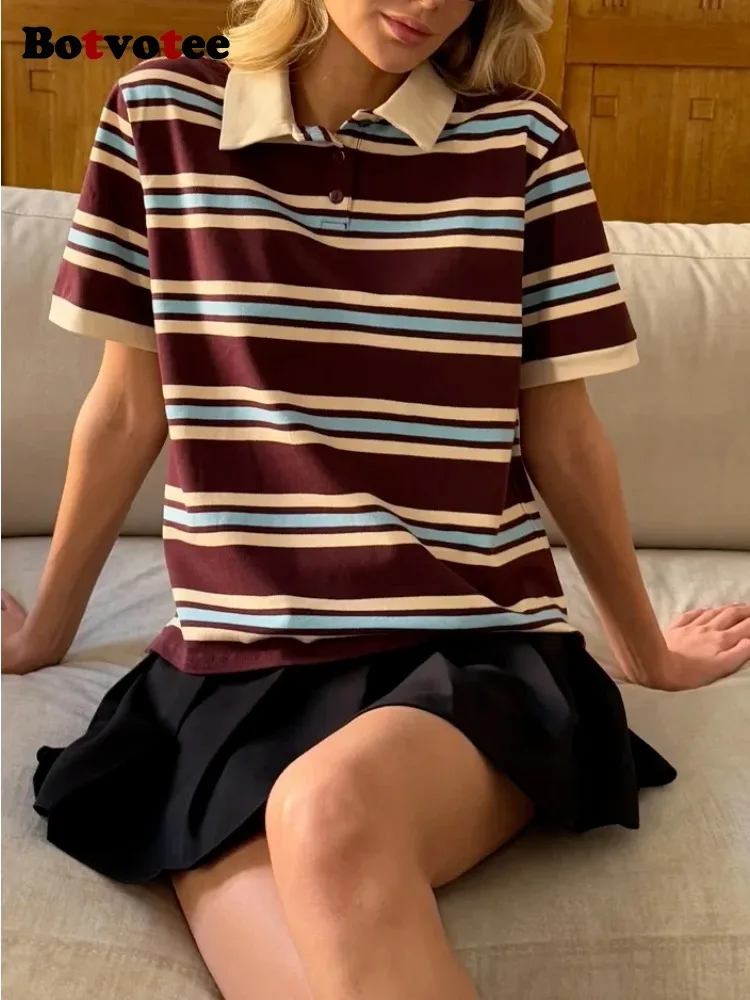 Botvotee Polo Neck T Shirt Women Soft Chic Tees Vintage Striped Jumper Clothes Loose Casual Pullover 2025 Summer New Crop Tops
Botvotee Polo Neck T Shirt Women Soft Chic Tees Vintage Striped Jumper Clothes Loose Casual Pullover 2025 Summer New Crop Tops