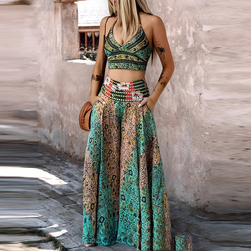 Bohemian Sleeveless Casual Outfit Vintage Pattern Printed Summer Holiday Set Sexy V-neck Strap Top and Long Pants Women's Suits
Bohemian Sleeveless Casual Outfit Vintage Pattern Printed Summer Holiday Set Sexy V-neck Strap Top and Long Pants Women's Suits