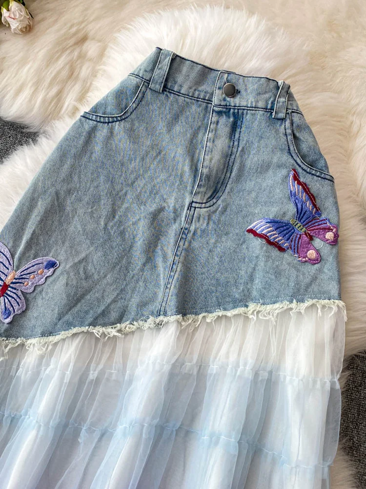 Retro American Denim Patchwork Me f Skirt Women's Summer Beautiful adient Color Embroidery Slimming Fairy Skirt
Retro American Denim Patchwork Me f Skirt Women's Summer Beautiful adient Color Embroidery Slimming Fairy Skirt