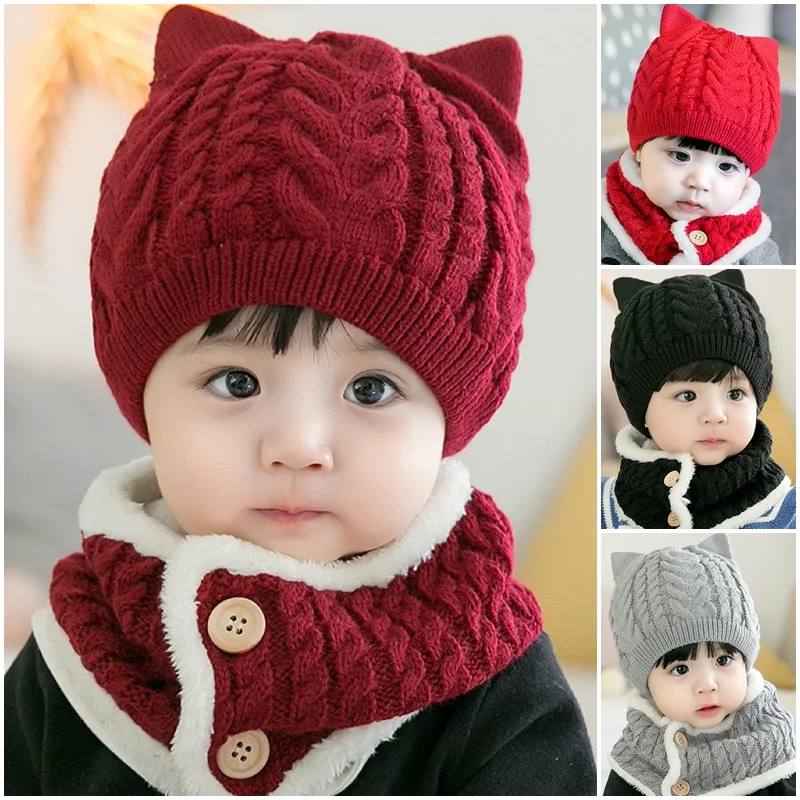 Милый детский шарф с защитой ушей, зимняя теплая детская шерстяная вязаная шапка, утепленная бархатная детская шапочка, плюшевый шейный платок для детей от 6 до 24 месяцев