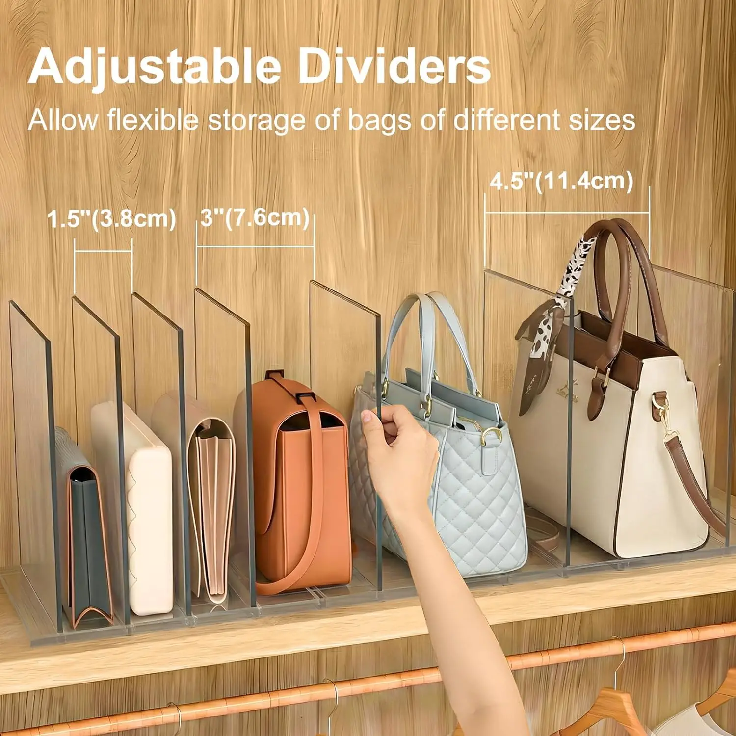 Vertical Handbag Purse Organizer, Clear Acrylic Closet Shelf Separators, Space Saving Upright Bag Dividers for Cabinet Wardrobe
Vertical Handbag Purse Organizer, Clear Acrylic Closet Shelf Separators, Space Saving Upright Bag Dividers for Cabinet Wardrobe