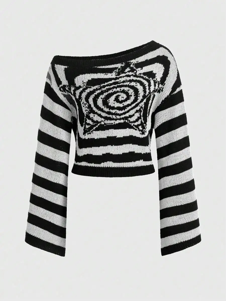 Women's Asymmetric Shoulder Striped Knit Sweater with Spiral Graphic Pattern
Women's Asymmetric Shoulder Striped Knit Sweater with Spiral Graphic Pattern
