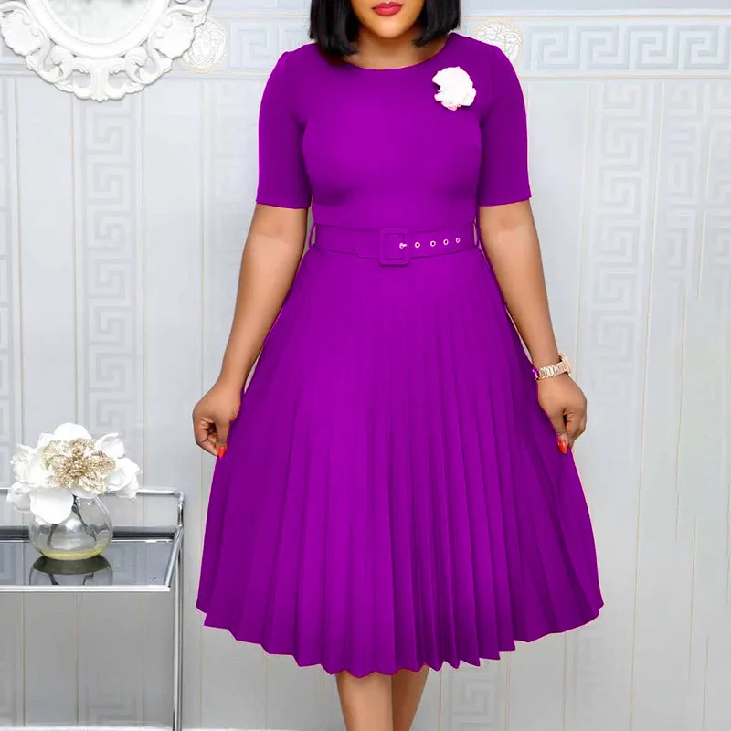 Women's New Summer Round Neck Mid Length Pleated Skirt With Belt Short Sleeve High Waist Office Ladies Long Dresses 2025
Women's New Summer Round Neck Mid Length Pleated Skirt With Belt Short Sleeve High Waist Office Ladies Long Dresses 2025