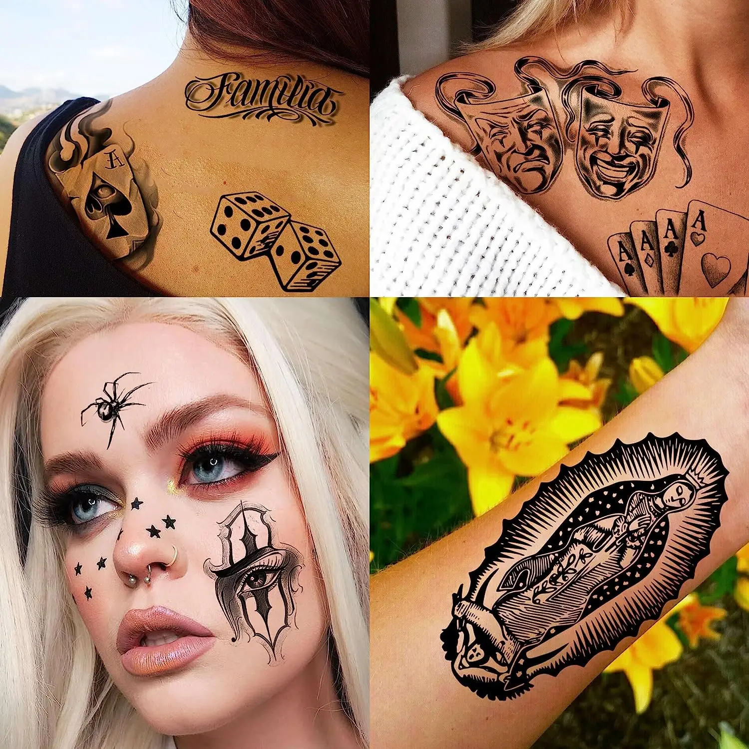 6 листов временных татуировок в стиле чикано для мужчин, женщин и взрослых, фальшивые татуировки в стиле чикана, Гвадалупе, гангстерские, на Хэллоуин, День мертвых, Мексика
6 листов временных татуировок в стиле чикано для мужчин, женщин и взрослых, фальшивые татуировки в стиле чикана, Гвадалупе, гангстерские, на Хэллоуин, День мертвых, Мексика