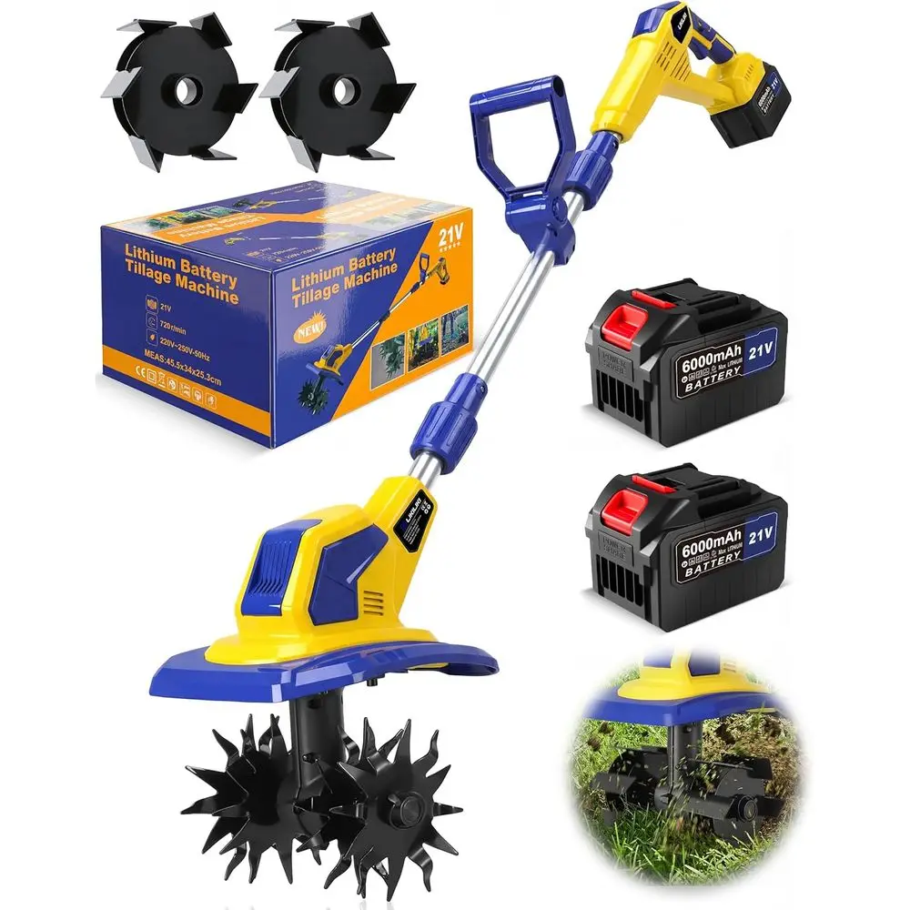 21V CordlTiller Cultivator, 720RPM Electric Garden Tiller, with 2 * 6.0Ah Batteries & , 1 * Soil Tilling Blade and 1 * Weed Remo
21V CordlTiller Cultivator, 720RPM Electric Garden Tiller, with 2 * 6.0Ah Batteries & , 1 * Soil Tilling Blade and 1 * Weed Remo