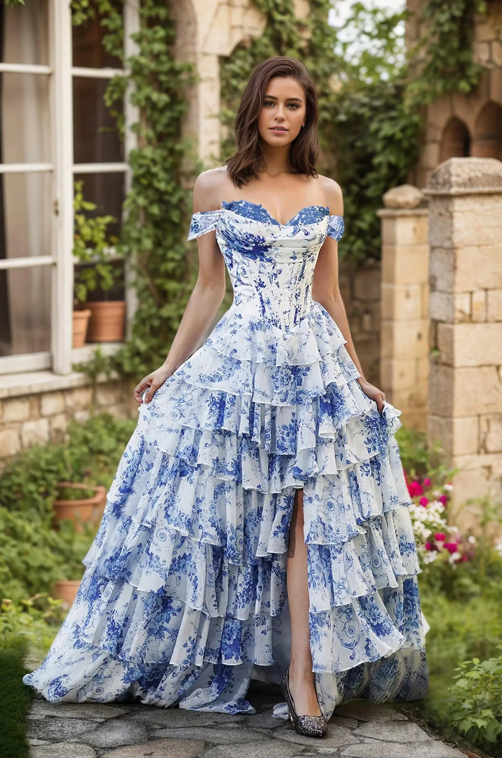 Tiered Floral Print Prom Dresses for Women Chiffon Off Shoulder Long Evening Pageant Dress
Tiered Floral Print Prom Dresses for Women Chiffon Off Shoulder Long Evening Pageant Dress