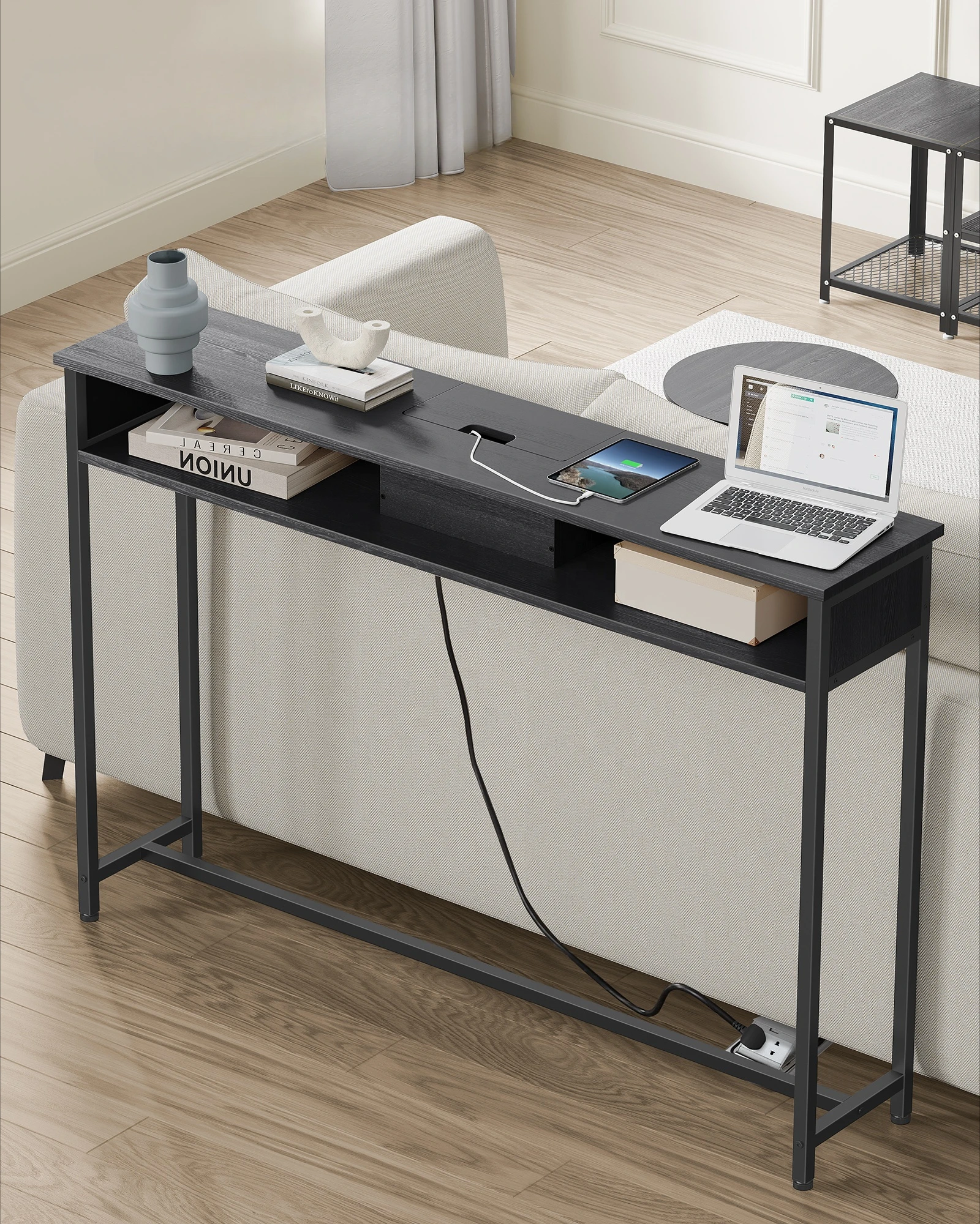 -Консольный стол для прихожей, черный узкий стол для прихожей с зарядной станцией
-Консольный стол для прихожей, черный узкий стол для прихожей с зарядной станцией